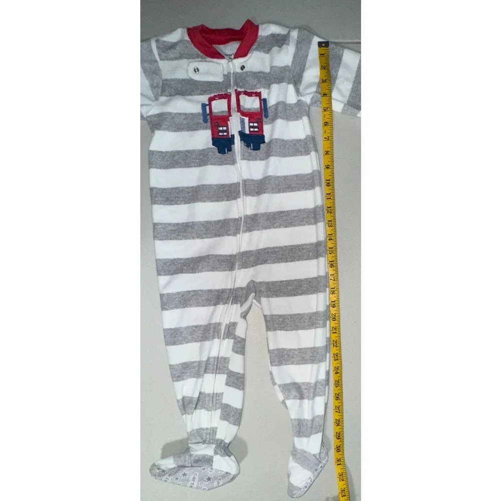 Carters Boys 3T Footie Pajamas‎ Firetruck Striped Microfleece Full Zip Sleepwear